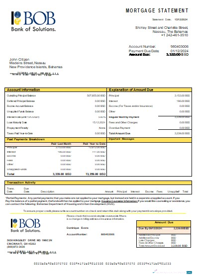 Download Bahamas Bank of the Bahamas bank mortgage statement scr Photoshop template